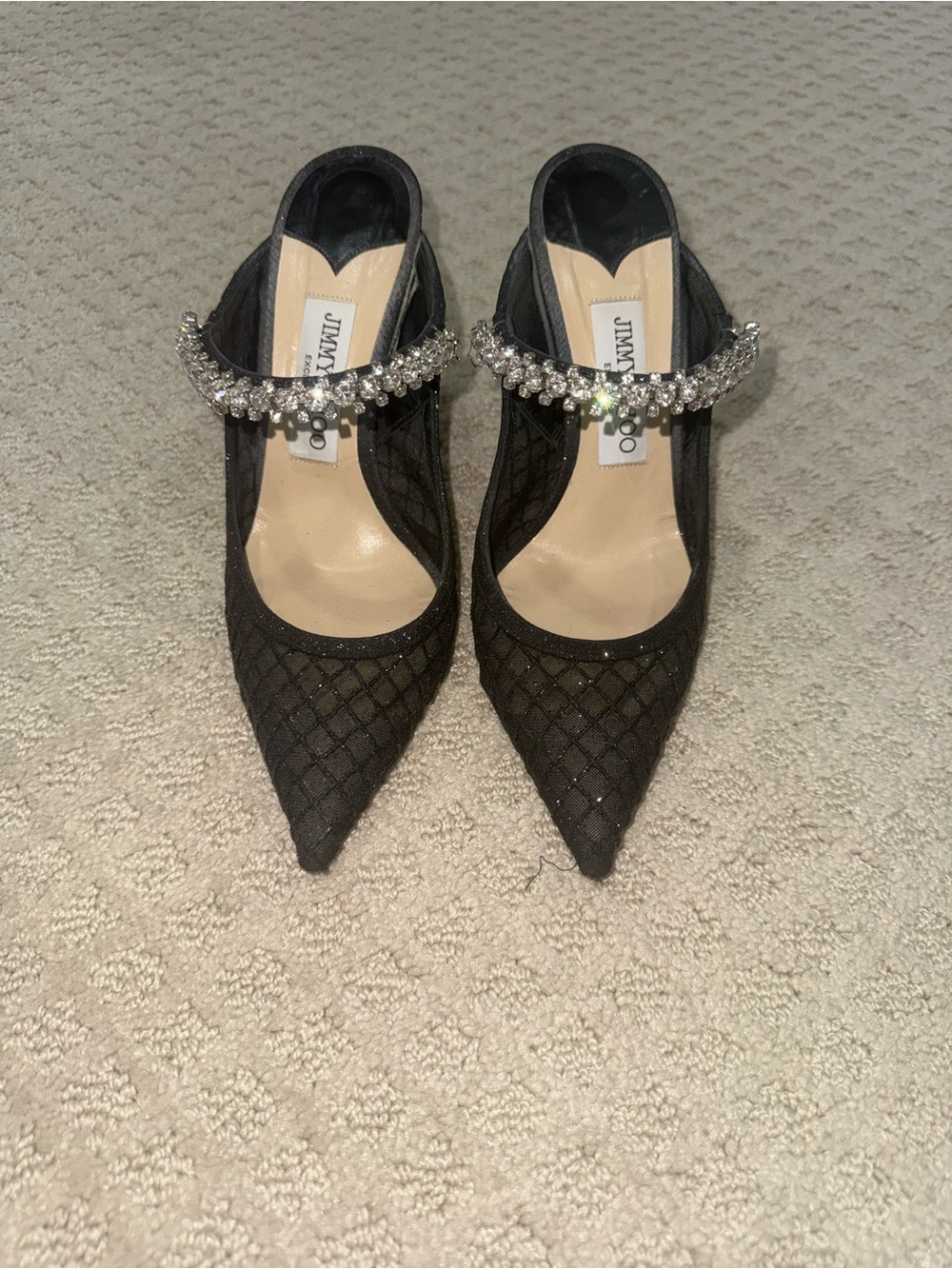 Jimmy Choo Black Mesh Pointed-Toe Heels with Crystal Ankle Straps